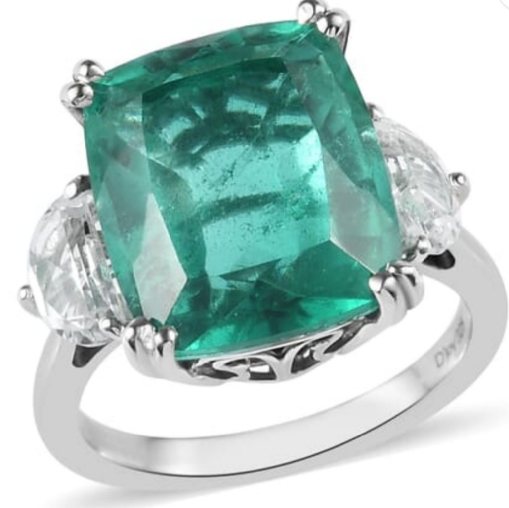 Genuine Emeraldine Quartz & White Topaz Ring Platinum Over Sterling Silv